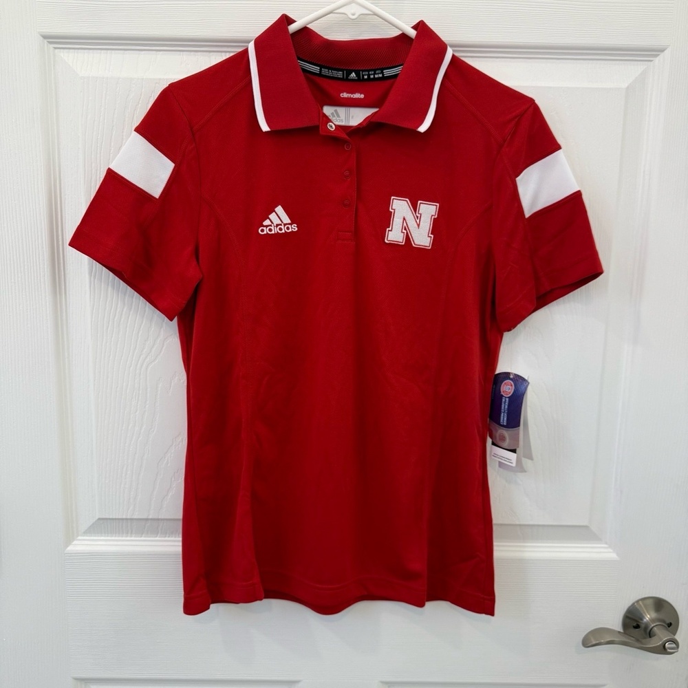 NWT Adidas Polo Shirt Womens Medium Red Sports Nebraska Logo‎
